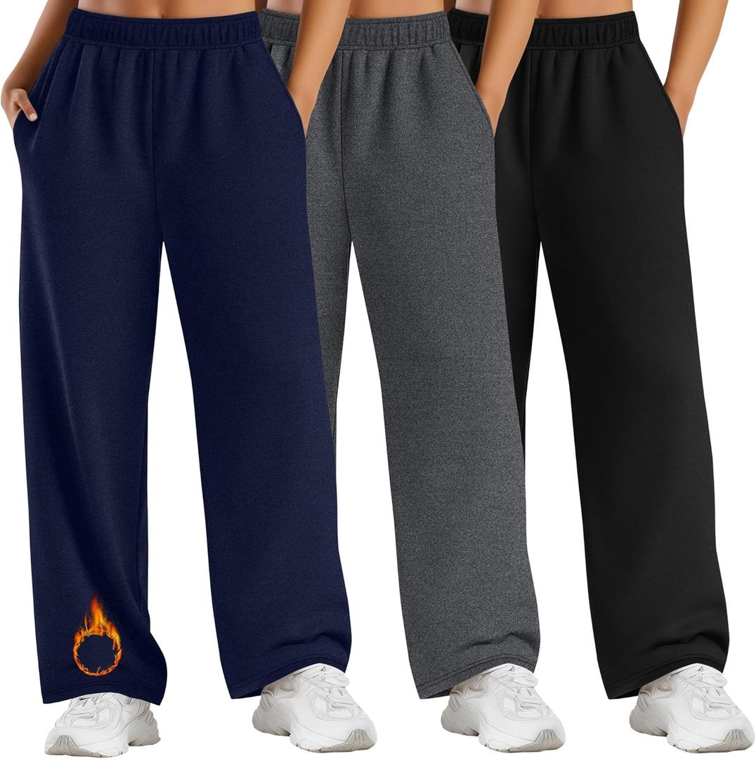 3 Pack Women's Plus Size Fleece Sweatpants Thermal Wide Leg Elastic Baggy Jogger Warm Pants Winter with Pockets (5X-Large, Black, Dark Gray, Navy Blue)