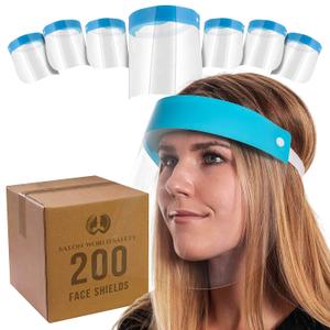 Salon World Safety 200 Face Shields (20 Packs of 10) - Ultra Clear Protective Full Face Shields to Protect Eyes, Nose and Mouth - Anti-Fog PET Plastic, Elastic Headband - Sanitary Droplet Splash Guard (Blue)