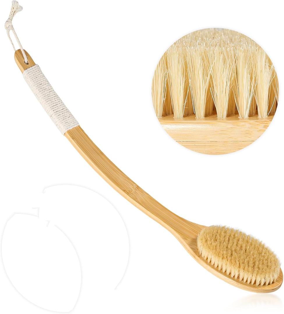 Bath Body Brush Shower, 22" Super Long Curved Bamboo Handle Antiskid Back Body Scrubber Wet/Dry Brushing, Moderately Soft Natural Bristle Body Brush for Showering (Beige)