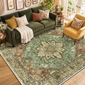 RELEANY Washable Area Rug, 6'x9', Brick/Brown/Green | Non-Slip, Water Repellent, Pet Friendly, Easy to Clean, Vintage Floral Boho Decor for Living Room Bedroom Dining Room Office