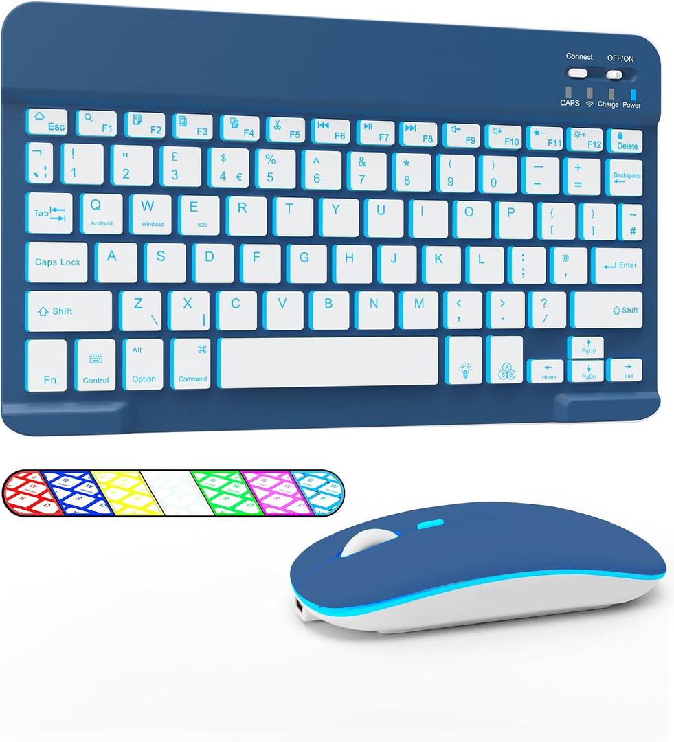 LAMA 7 Colors Backlit Bluetooth Keyboard and Mouse Combo for iPad Pro/Air/Mini, Ultra-Slim Rechargeable Wireless Keyboard and Mouse for iPhone 15/14/13 Pro/Samsung/PC/Laptop/iOS/Windows/Android,DBL