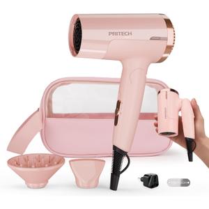 PRITECH 1250W Dual Voltage Travel Hair Dryer - Foldable Blow Dryer with Concentrator Diffuser,110V/220V Worldwide Use, Compact Lightweight Design, EU Plug Included (Pink)
