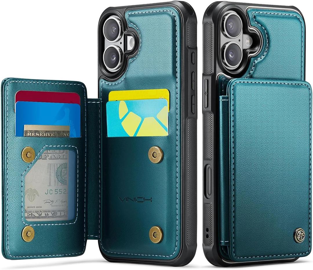 Vinich for iPhone 16 Plus Wallet Case with Card Holder, RFID Blocking Credit Slots Kickstand Shockproof Phone Cover Fit for iPhone 16 Plus 6.7" Bluish Green