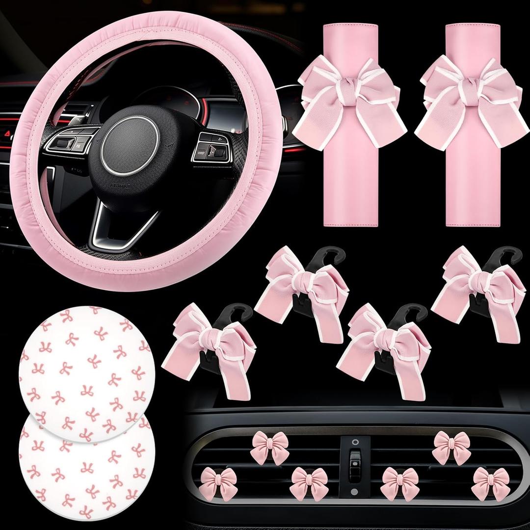 15 Pcs Pink Car Accessories Set for Women Bow Car Accessories Set Pink Leather Steering Wheel Cover Universal Fit 15 Inch Seat Belt Cover Bow Hook Pink Bow Car Coaster Bow Air Vent Clip