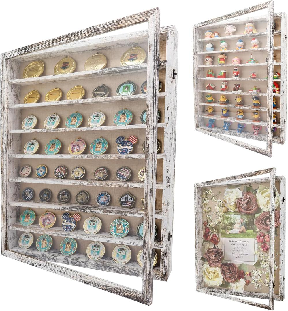 18x24 Wooden Shadow Box Frame with Removable Shelves Deep Display Case for Military Medals Keepsakes White