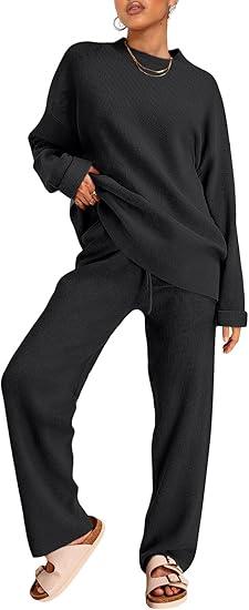 LILLUSORY 2 Piece Sets for Women 2025 Fall Outfits Two Piece Lounge Sets Sweatsuits Striped Knit Sweater Clothes Fashion (Small, Black)