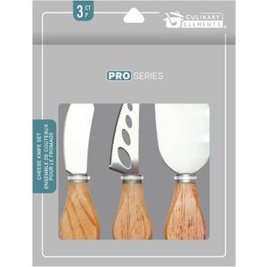 Pro Series 3-Piece Cheese Knife Set, Wood Handle and Stainless Steel, Spreader, Pronged Knife, Spatula