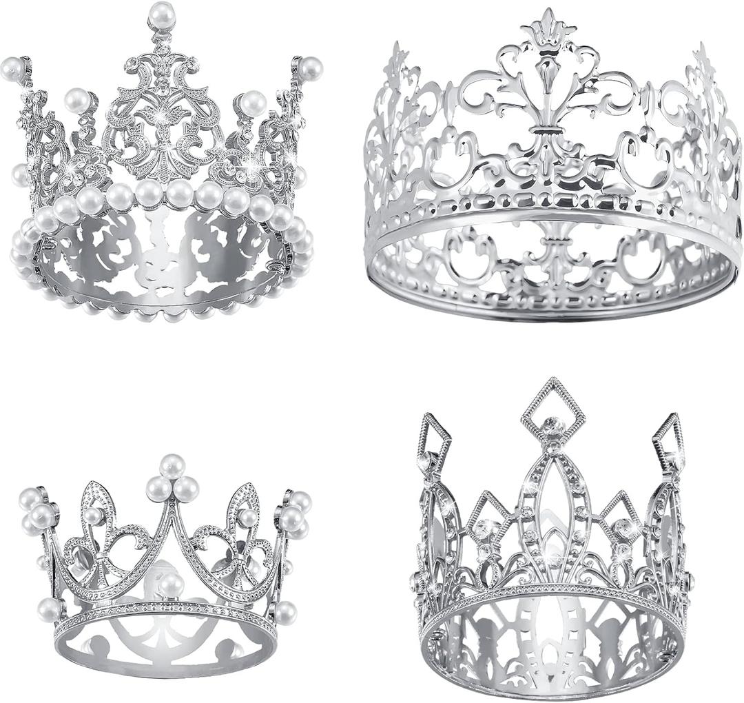 Ferraycle 4 Pieces Silver Crown Cake Topper Birthday Mini Flower Bouquet Crown Cupcake Toppers Crystal Pearl Tiara Wedding Cake Top Hair Ornament for Doll Flower Arrangements Wedding