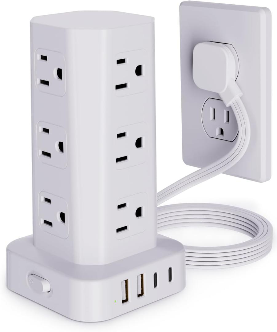 Power Strip Tower Surge Protector, 6FT Flat Plug Extension Cord with Multiple Outlets, 12 AC Outlets 4 USB (2 USB C), Desktop Charging Station with Surge Protection for Home Office Dorm Room, White