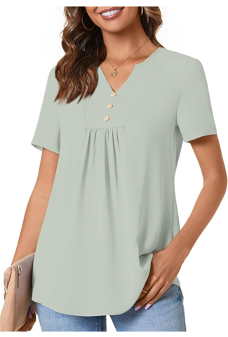 Anydeer Womens Short Sleeve Summer Tunic Tops Dressy Chiffon Blouse Henley Shirts 2025 Casual Pullover Size M