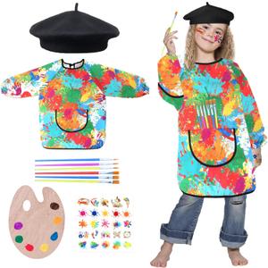 Artist Costume for Kids 5 Pcs Painter Costume With Beret Smock Palette Stickers For Halloween Career Day Dress Up