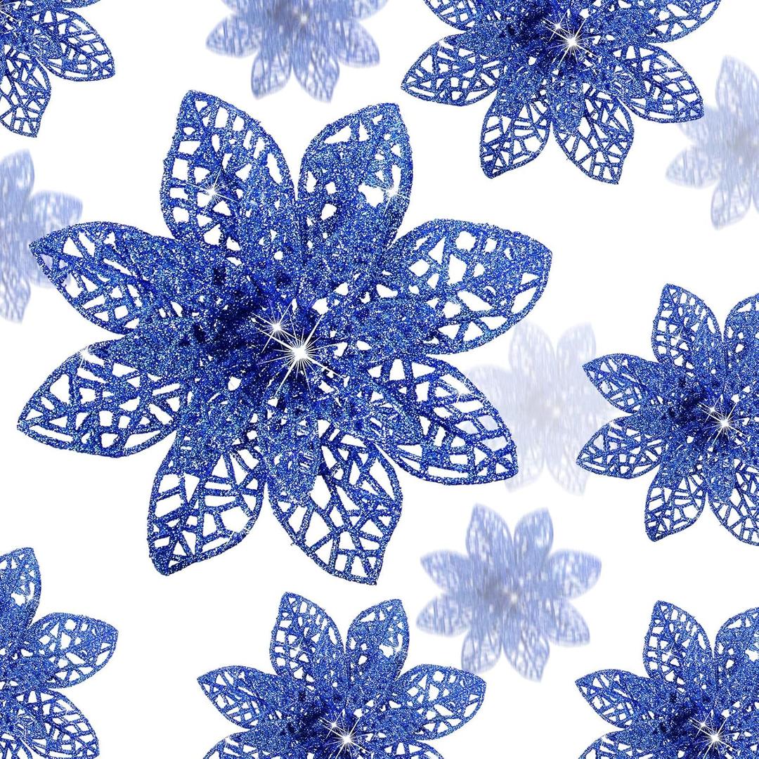 Boao Royal Blue 24 Pieces Poinsettia Flower Christmas Glitter Artificial Poinsettia with Clips Christmas Tree Ornament Decorations for DIY Xmas Wreath Holiday Home Party Decor, 3/4/6 Inches