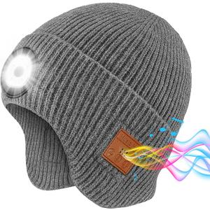 Bluetooth Beanie with Light, Built-in Wireless Headphones & Stereo Speakers - USB Rechargeable Bluetooth Hat | Unique Tech Gifts Birthday Gifts for Men and Women (Light Grey, Adult)
