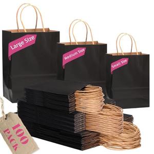 qiqee 100 pcs Black Paper Gift Bags with Handles Bulk Assorted Sizes(33pcs Large 13", 33pcs Medium 11", 34pcs Small 8")