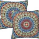 Boho Mandala Floral Throw Pillow Covers Set of 2 Navy Blue Orange Flower Pillowcases Cushion Case Square for Soft Home Decor Bed Couch Car Living Room 18x18 Inch
