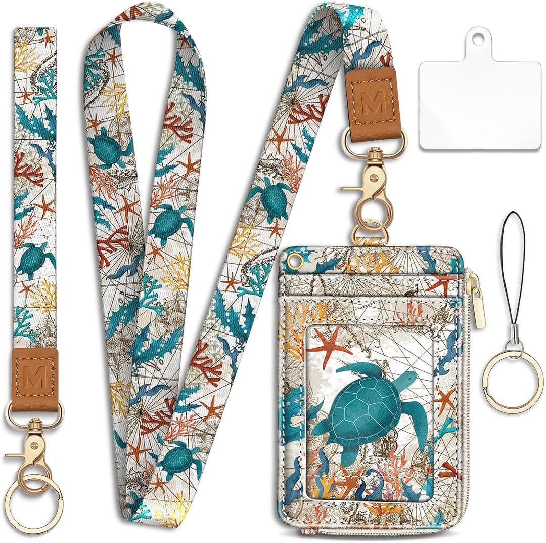 Lanyard Wallet with Id Badge Holder, Sea Turtle RFID Small Keychain Wallet Women Wristlet, Cute Zipper Credit Card Holder Phone Wrist Neck Strap for Key Name Tag, Teacher Student Office Gifts
