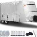 FRUNO Oxford Fabric Travel Trailer Cover RV Cover 33'-35' Waterproof Rip-Resistant Anti-UV Camper Cover for Winter Snow with Jack Cover 4 Tire Covers and Gutter Covers