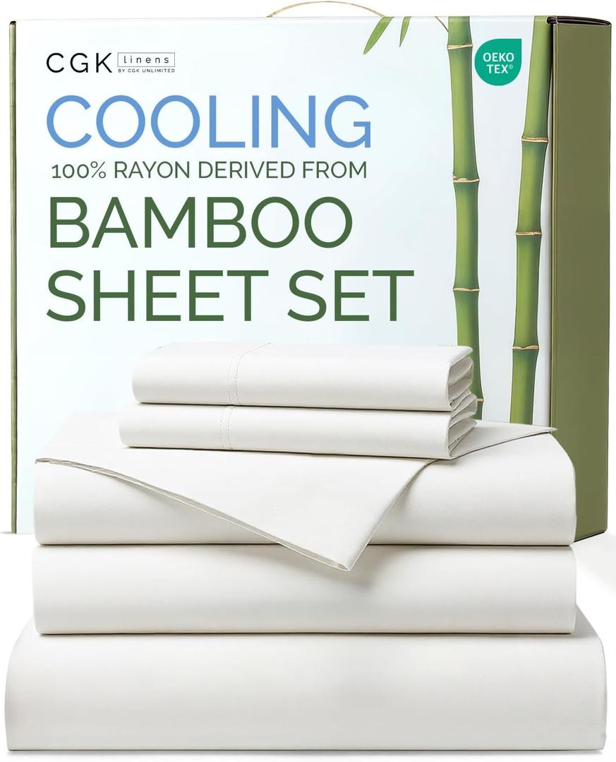 100% Rayon Derived From Bamboo - Sheets Split King Size - Cooling Sheets for Split King - Ultra Soft Hotel Luxury Bedding - 1 Flat & 2 Fitted & 2 Pillowcases with 18 Inch Deep Pockets - White