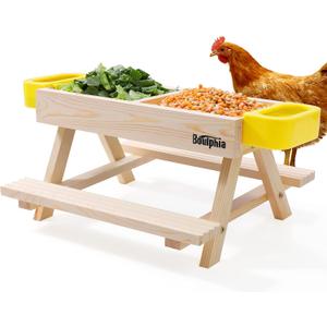 Boulphia Chicken Feeders and Waterers, Chicken Feeder No Waste Kit with Picnic Table and 2 Water Feeders, Handmade Wooden Chicken Supplies & Accessories for Chicken Coop