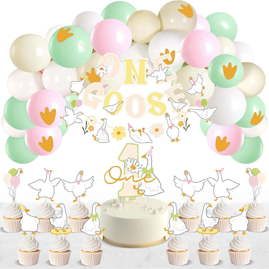 SUNBEAUTY Goose Party Decoration Set, Pink Yellow Bow Goose Baby Shower Decor, Funny Table Centerpiece Gift for 1st Birthday Decorations, Anniversary Decorations, Wedding Party Decor