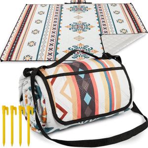 HAUSPROFI Extra Large Picnic Blanket 80"x80" – Waterproof Outdoor Mat for Beach, Camping, Park & Garden, Portable with Carry Strap & 4 Stakes, Machine Washable, Bohemian Pattern
