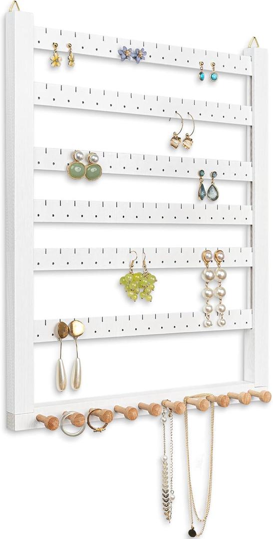 Mymazn Easy Assemble Solid Beech Wood Earring Hanging Necklace Holder Hanger Wall Mount Jewelry Organizer Rings Scruncies Organization (white)