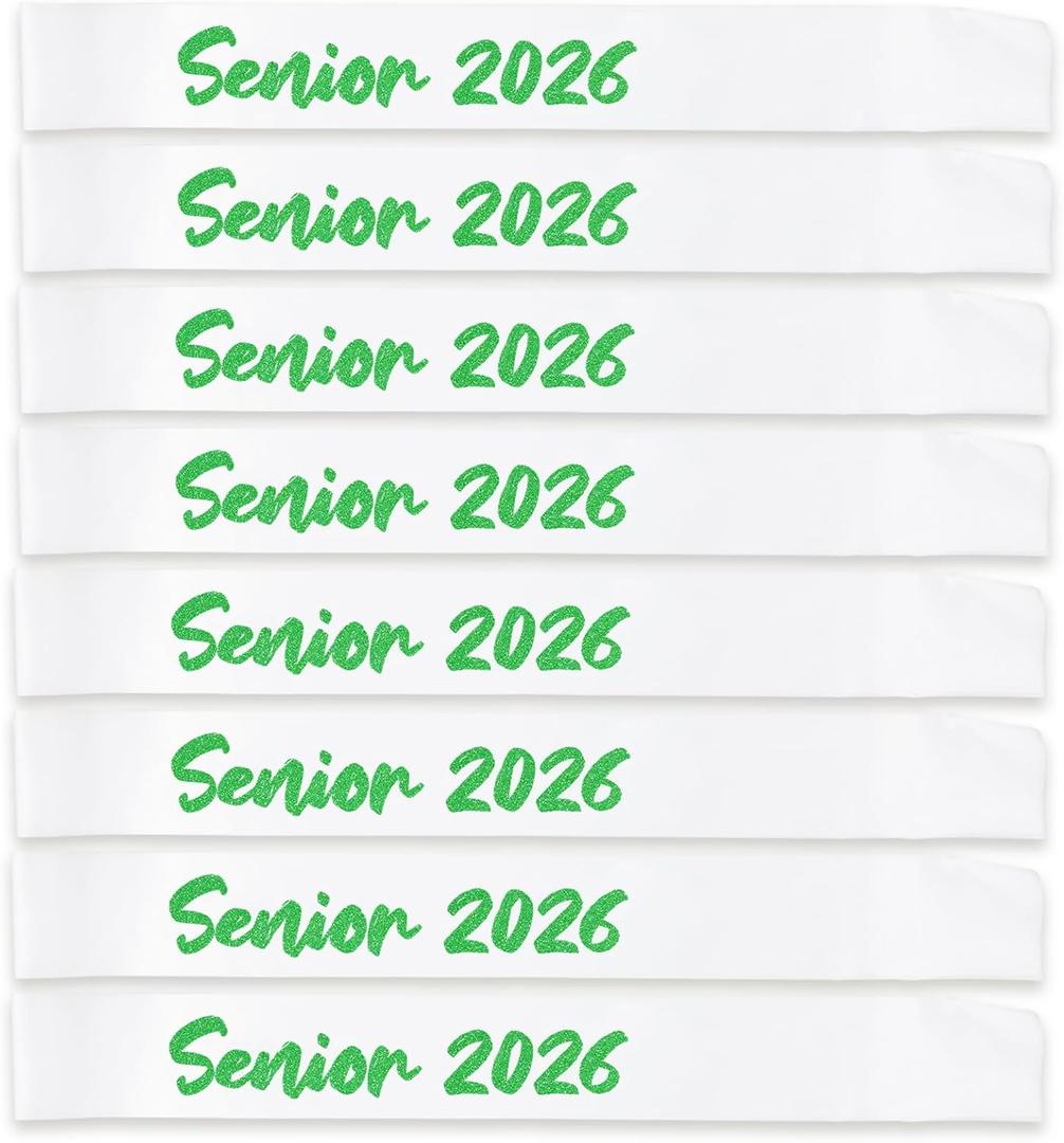 8PCS White Senior 2026 Sashes with Green Glitter Letters - Cheerleader Sash Graduation Party Decoration Class Of 2026 Celebration Party Supplies
