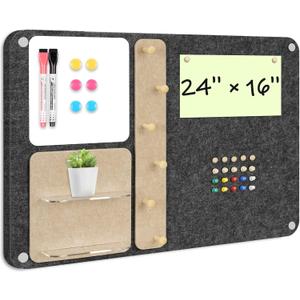 DOLLAR BOSS 3-in-1 Foldable Bulletin Board 24"x16" Horizontal - Magnetic Whiteboard with Cork & Acrylic Shelves, Sound-Absorbing Felt for Home/Office/Dorm Includes Pins/Magnets (Grey)