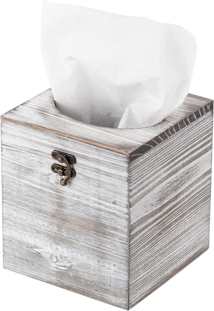 Distressed Farmhouse Square Solid Wood Tissue Box Cover with Slide-Out Bottom Panel Honey Brown Tissue Box Holder for Bathroom Living Room Dining Room Bedroom Toilet (Grey White)