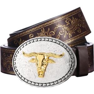 PARTTELY Western Cowboy Belts for Men Women, Western Belt with Bull Buckle, Country Belt Cowboy Leather Belt for Jeans