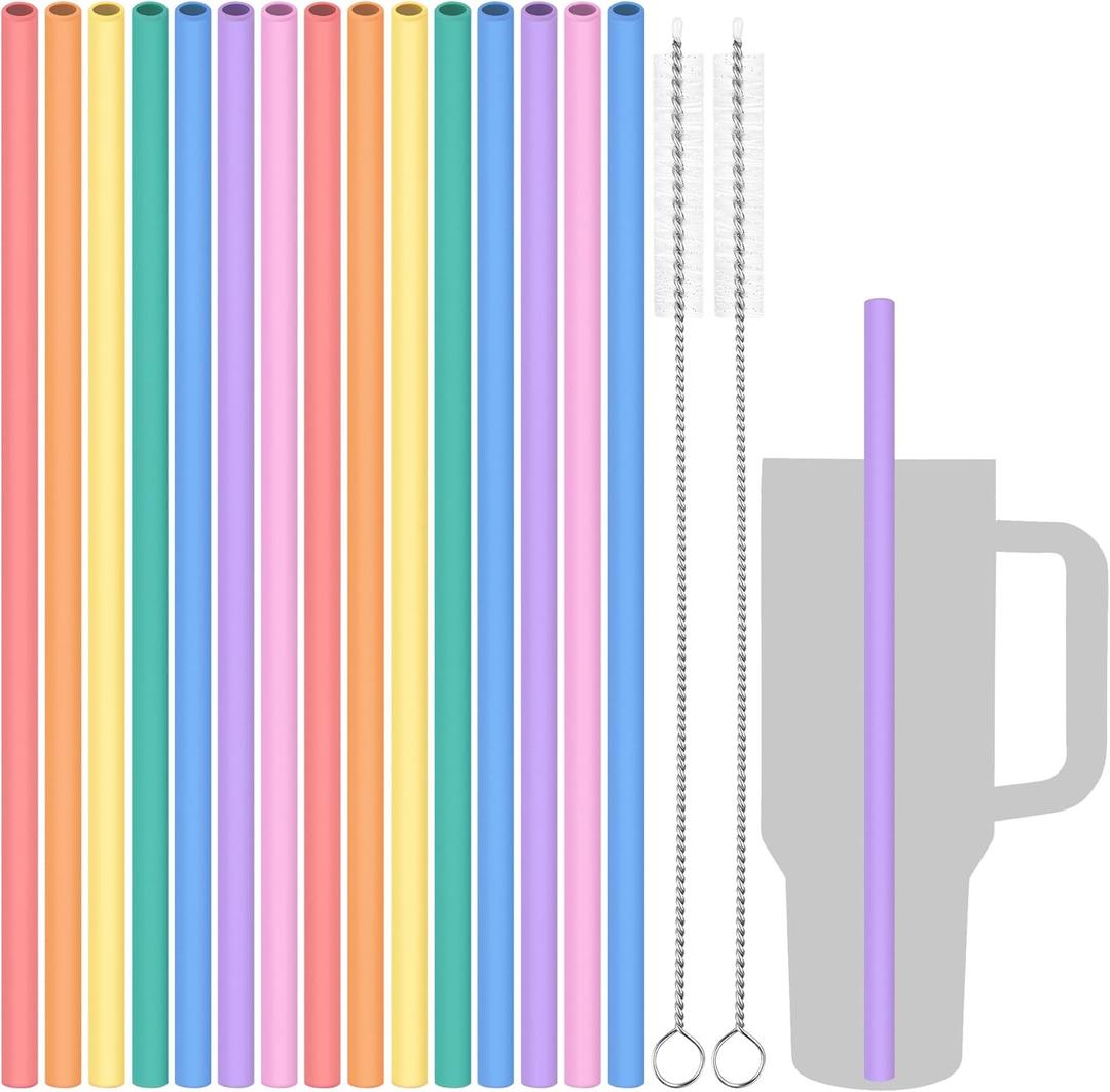 Tomorotec 15PCS Reusable Silicone Drinking Straws w/ 2 Brushes, Fit for Stanley Tumbler 40oz 30oz 20oz, 12" Long Customizable for Various Drinkware, Dishwasher Safe, BPA-Free, Safe for Teeth (Rainbow)