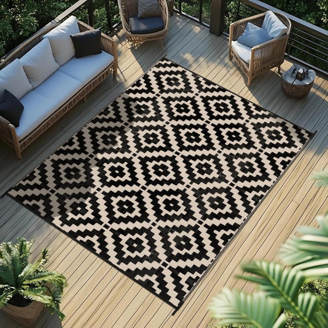 Favoyard Outdoor Rug 5x8 ft Waterproof Reversible Patio Plastic Straw Rugs for Decor Clearance Outside Large RV Camping Area Carpet Mat for Porch Deck Balcony Pool Backyard Picnic Beach Camper Door (Black & Beige)