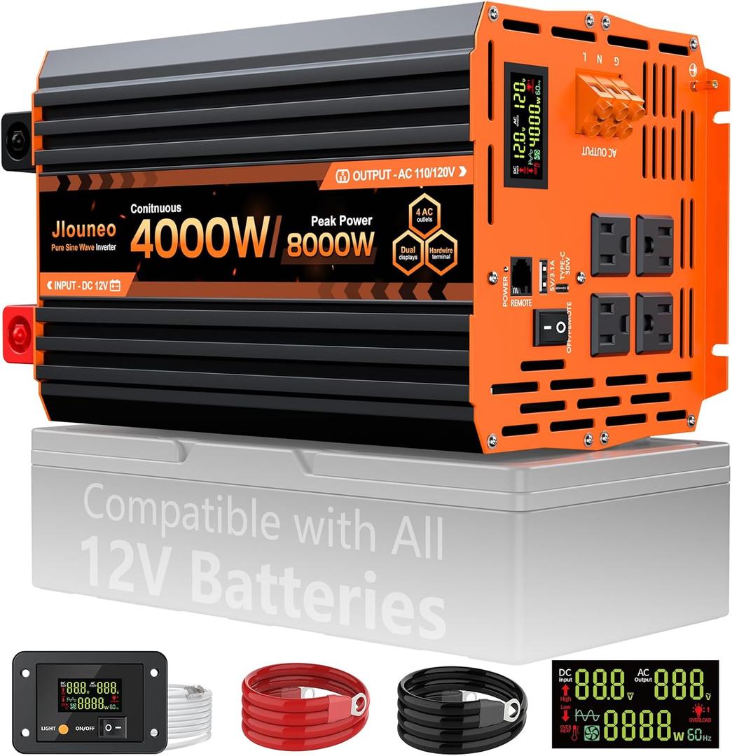 4000W Pure Sine Wave Inverter, 12V DC to 110V/120V AC Heavy Duty Power Inverter for Home Backup, Off-Grid Solar, RV, Truck, with 4 AC Outlets, Dual LCD Display, Remote Control, Hardwire Port