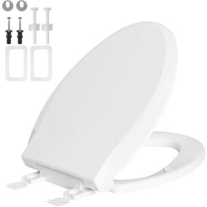Toilet Seat Elongated with Slow Close Hinges Compatible with TOTO/Kohler/Gerber/American Standard, Universal Oval Fit, Four Bumpers Never Loosen, Two Sets Toilet Bolts and Nuts, Cotton White