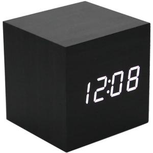 Lancoon Wooden Alarm Clock - Mini Cube LED Digital Clock with Time/Date/Temperature Display, 3 Levels Brightness and Voice Control Great for Home Office Travel - AC10Black_White