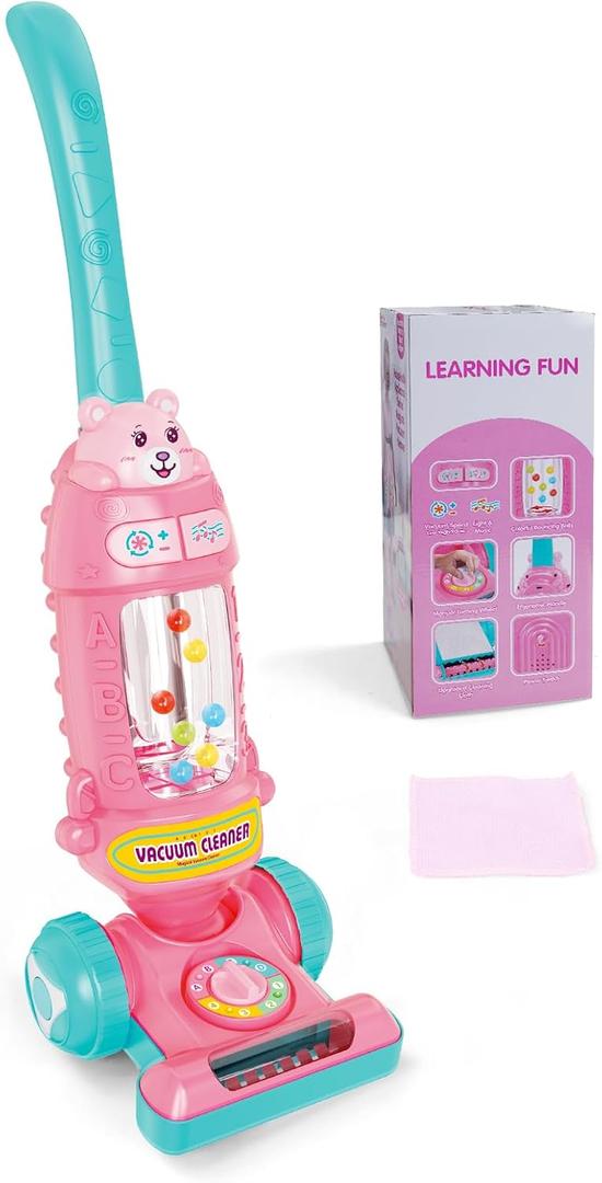 FS Kids Vacuum Toy That Really Works with Lights & Sounds, Pretend Play Toy Vacuum for Toddlers 1-3, Toddler Vacuum Toys for Ages 18M+ Girls, Cleaning Toy with Ball-Popping, Pink