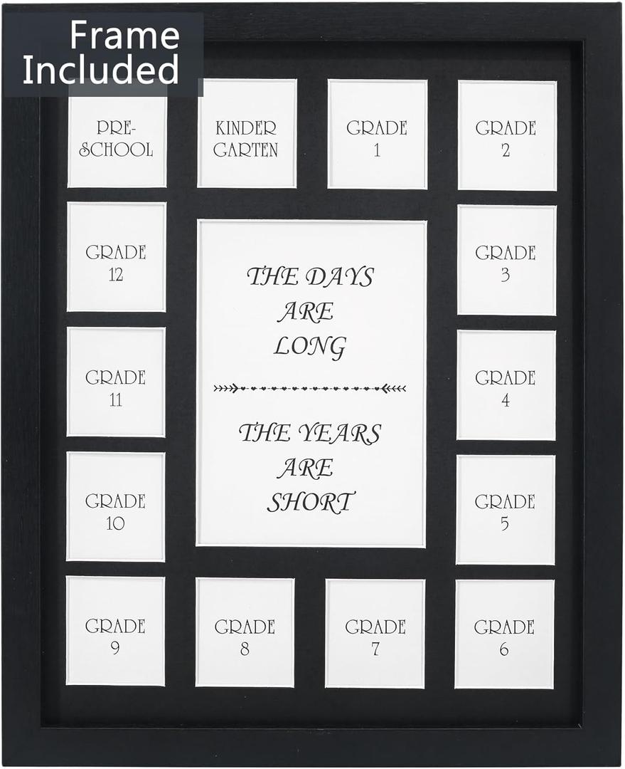 School Years Picture Frame Prek-12 Graduation Photo Collage Frame with Mat, Displays One 5x7 Photo and Fourteen 2x2.5 Pictures, Black