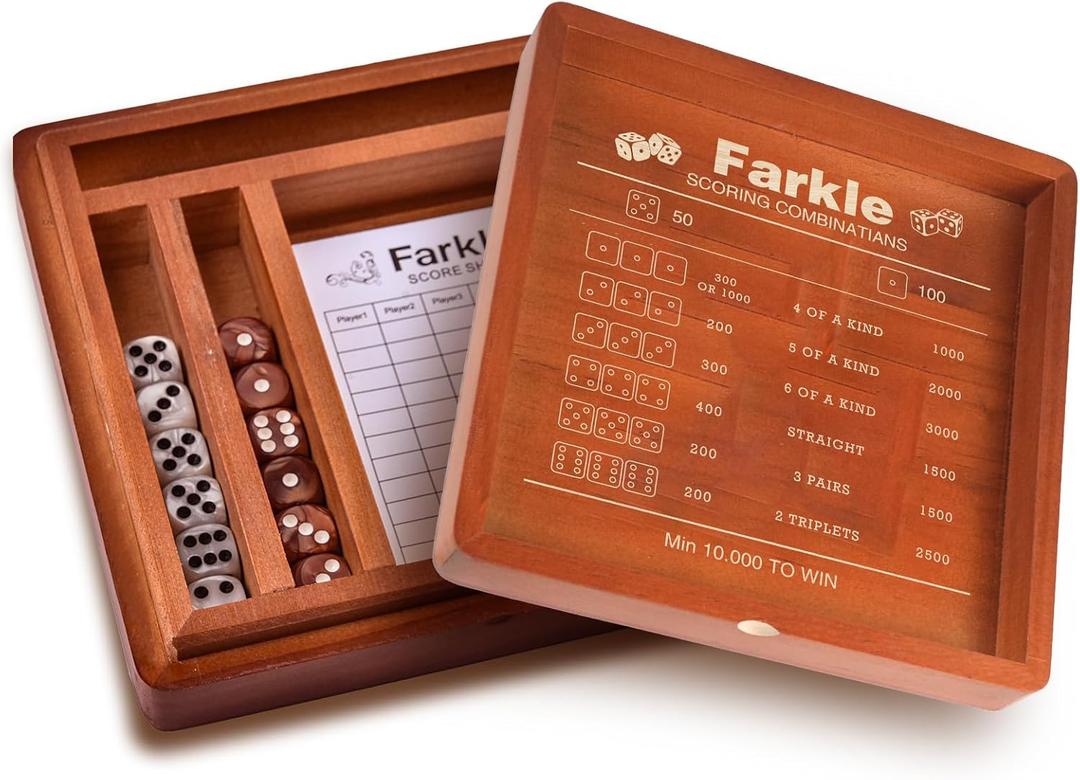 Demine Farkle Classic Dice Game Set  Wooden Dice Tray with Storage Case, 2 Sets of Dice, Score Pad, Pen Holder & Built-in Scoring Guide  Family Game Night or Gift
