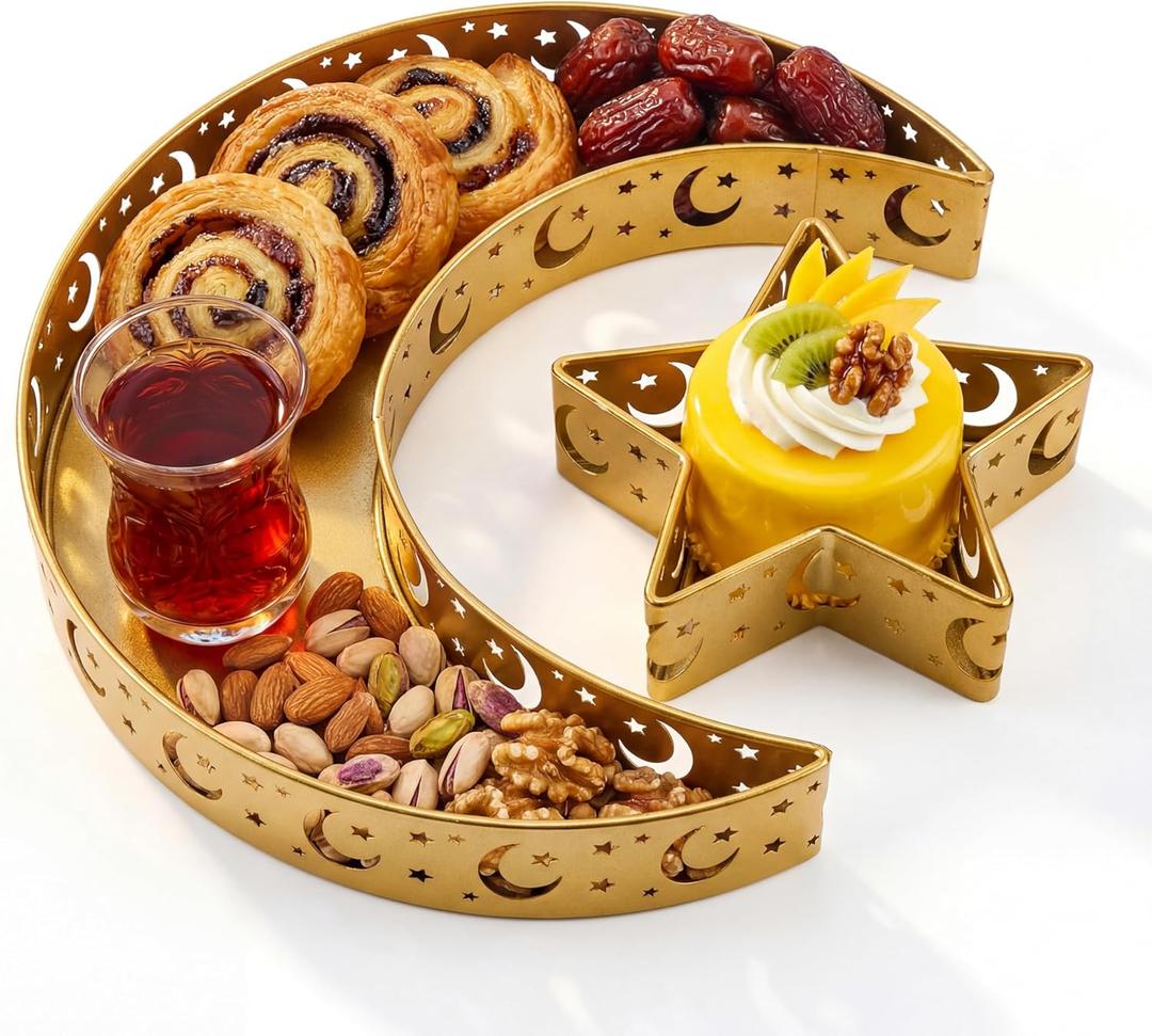 2 Pcs Eid Mubarak Moon Star Dinner Plate Tray Ramadan Serving Tray Muslim Islamic Dessert Trays Pastry Tableware Dessert Food Storage Container Display Holder for Party, Gold