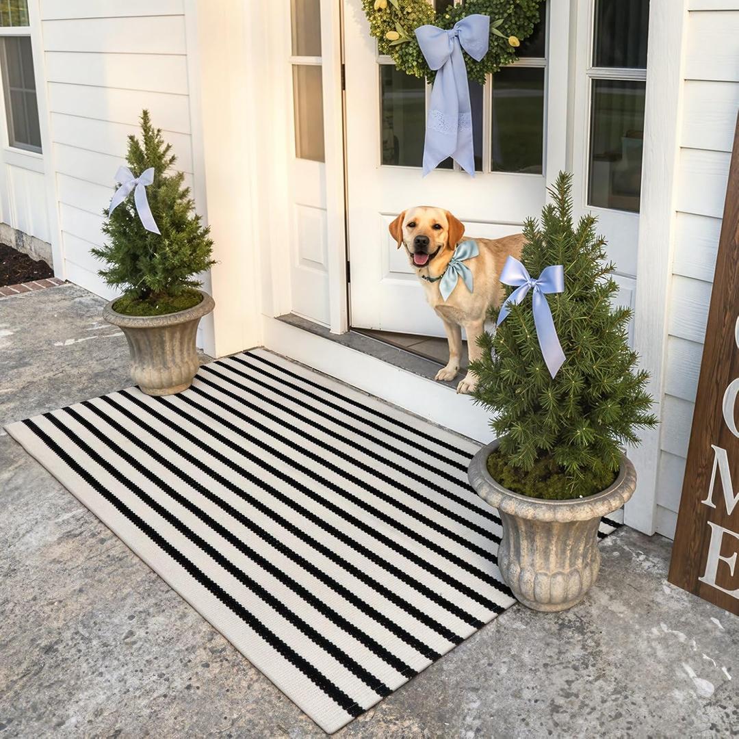 Collive Black and White Rug 3x5, Washable Outdoor Rug for Porch Cotton Woven Farmhouse Indoor Outdoor Rugs, Layered Welcome Door Mat, Floor Throw Carpet for Spring Front Door Decor Kitchen