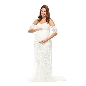 JustVH Maternity Off Shoulder Ruffle Sleeve Lace Wedding Gown Maxi Photography Dress for Photo Shoot Dress White, Large