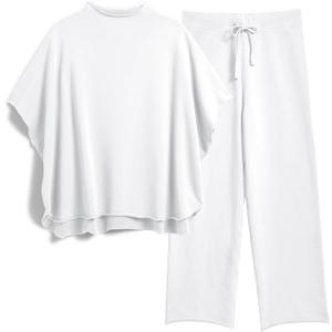 SeeLuNa Women's Two Piece Outfits 3/4 Batwing Sleeve Capelet Crew Neck Pullover Top Wide Leg Pants Lounge Set (White, L)