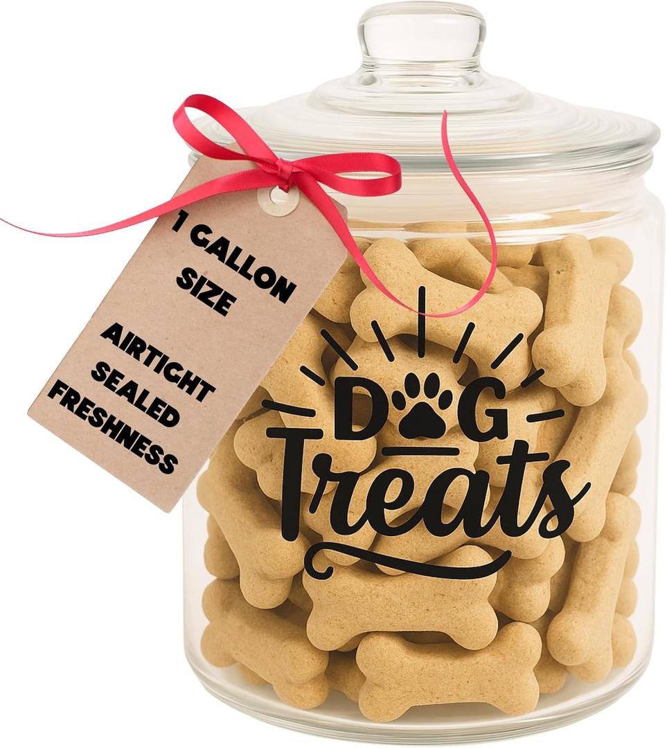 kitchentoolz 1-Gallon Glass Dog Treat Container Airtight  Large Countertop Dog Cookie Jar with Lid for Dog Treat Storage, Decorative Treat Jar & Dachshund Accessories