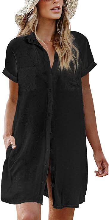 AI'MAGE Womens Bathing Suit Cover Ups Summer Shirt Dress Casual Short Sleeve Button Down Beach Shirts with Pockets (Medium)
