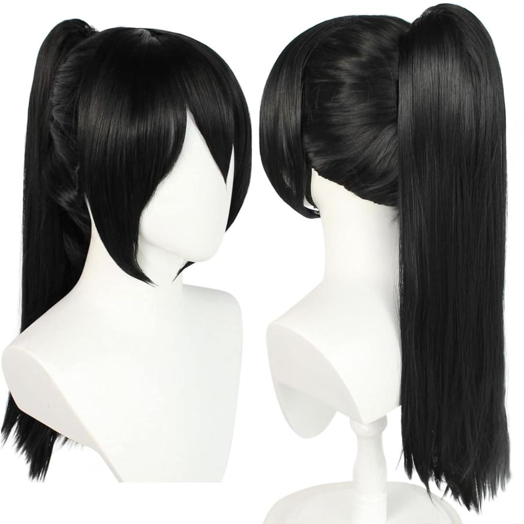 Long Black Ponytail Wig with Bangs for Women Peluca Negra Straight Black Ponytail Wig Synthetic Wigs Anime Detachable Clip-on Ponytait Black Cosplay Wigs for Halloween Costume Party+Hair Cap