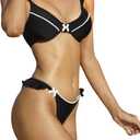 Women's 2 Piece Plain Bikini Set V Neck Ruffle Trim Bow Triangle Set High Cut Bikini Swimsuit Bathing Suit Beachwear (Medium, Black)