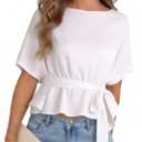 Womens Summer Tie Front Blouses 2026 Crew Neck Batwing Short Sleeve Basic Tops Shirts