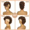 Mohawk Wig Kinky Curly Brown Ponytail with Bangs,Short Curly Synthetic Clip on Mohawk Brown Mix Black Ponytail Extension with Six Clips and Two Combs Fluffy Hair for Daily and Party Use 1B/30