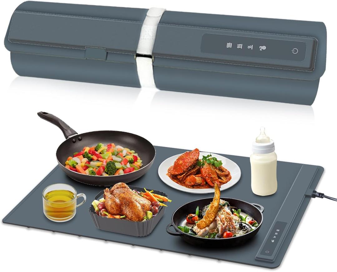 Warming Mat for Food, 10s Fast Heating Electric Food Warming Tray with 3 Level Temperatures, 5 Hours Auto Off, Easy to Clean, Large Size 24"x16" Silicone Food Warmers Pad for Daily Meals, Parties (A Dark Grey)