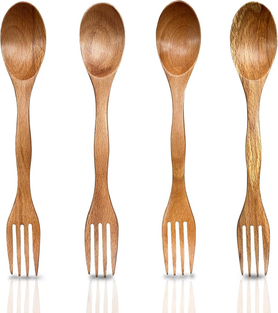 2-in-1 Wooden Soup Spoons And Forks Spork Set (4-Pack), 8.2"/20cm Lightweight & Reusable Utensils, Eco-Friendly All-in-One Cutlery for Camping, Hiking, Travel & Daily Use